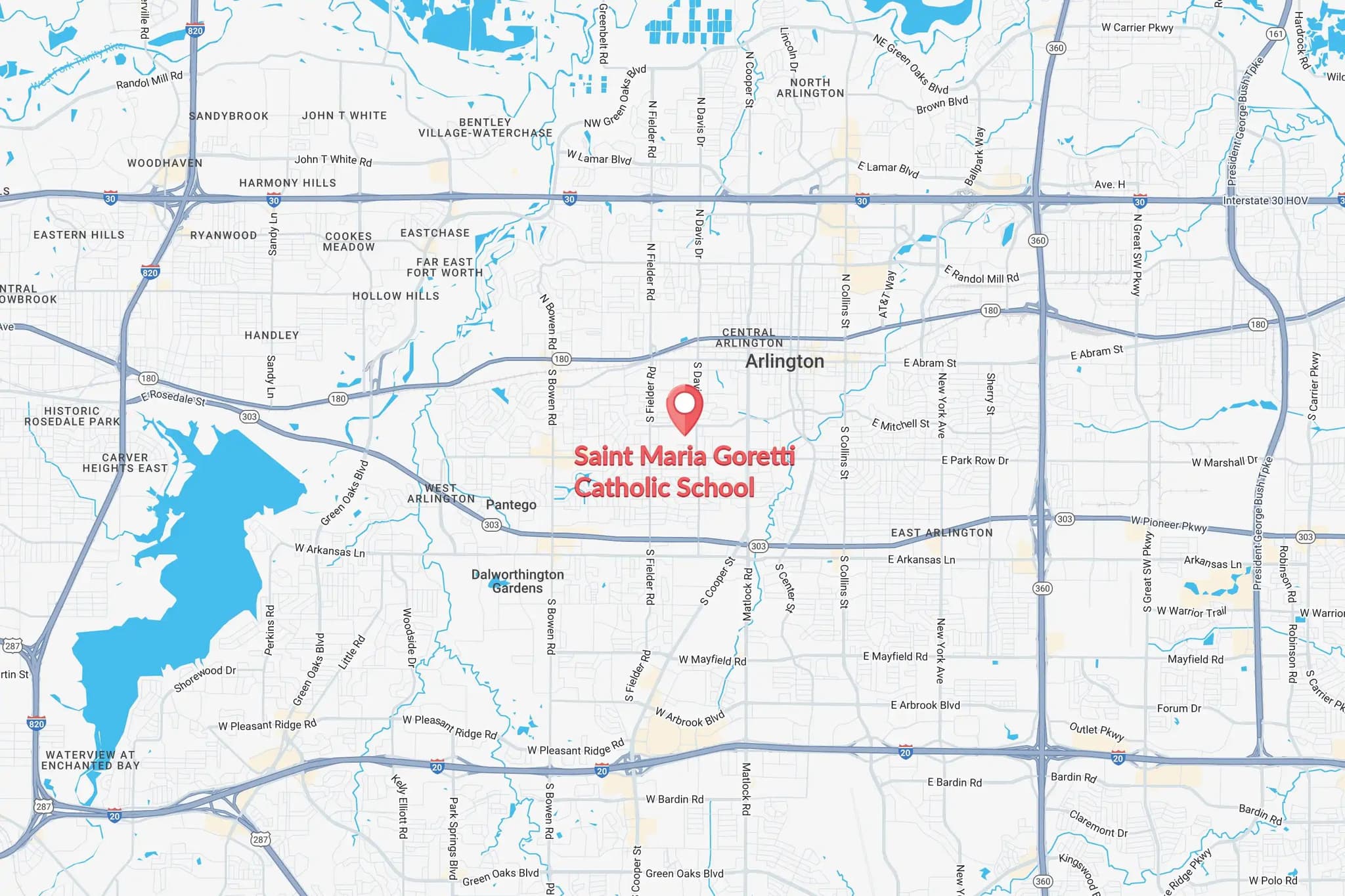 a map depicting Saint Maria Goretti Catholic School and the surrounding central Arlington area